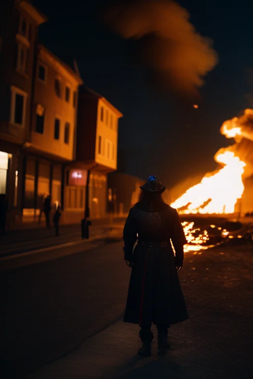 A dragon flying over a burning medieval city, dramatic clouds, epic fantasy art