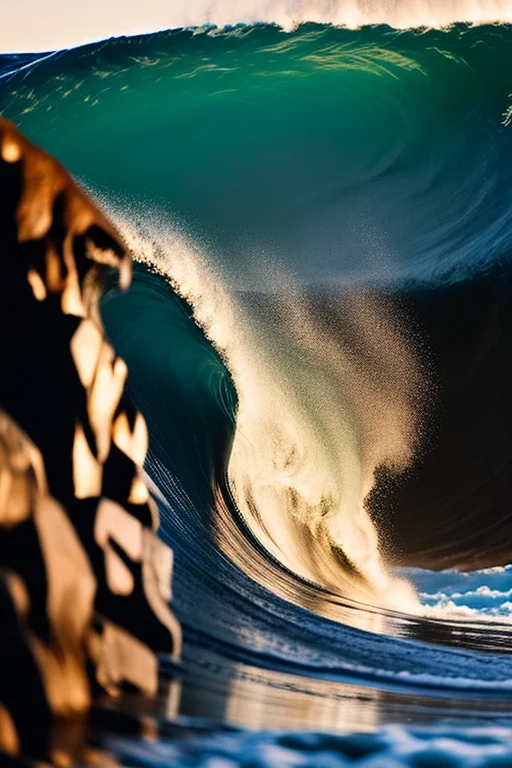 A massive wave frozen mid-crash with a surfer inside, hyper-detailed, slow-motion effect