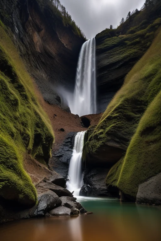 A waterfall flowing upward into the clouds, surreal, vibrant colors