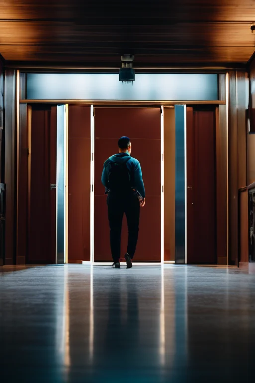 A person walking through doors floating in empty space, each door a different universe