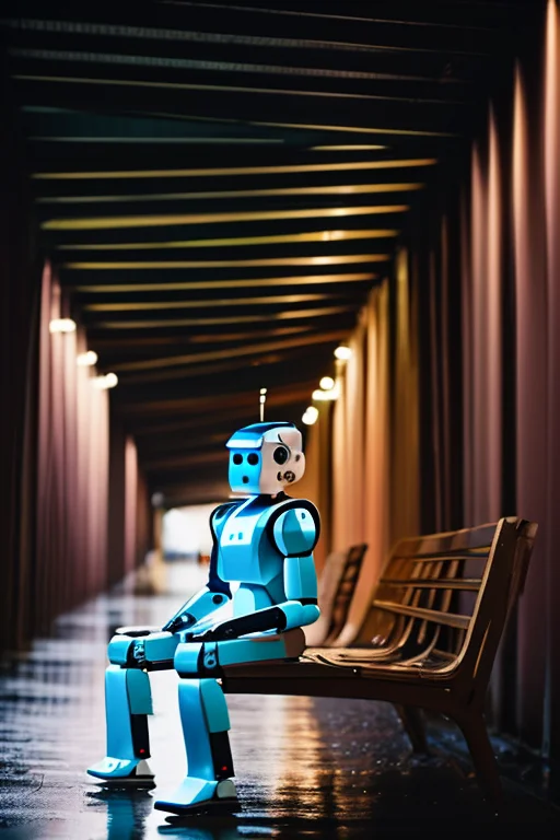 A humanoid robot sitting alone in the rain, emotional expression, cinematic lighting