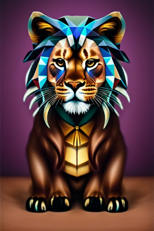 A lion illustrated in geometric low-poly style, vibrant colors
